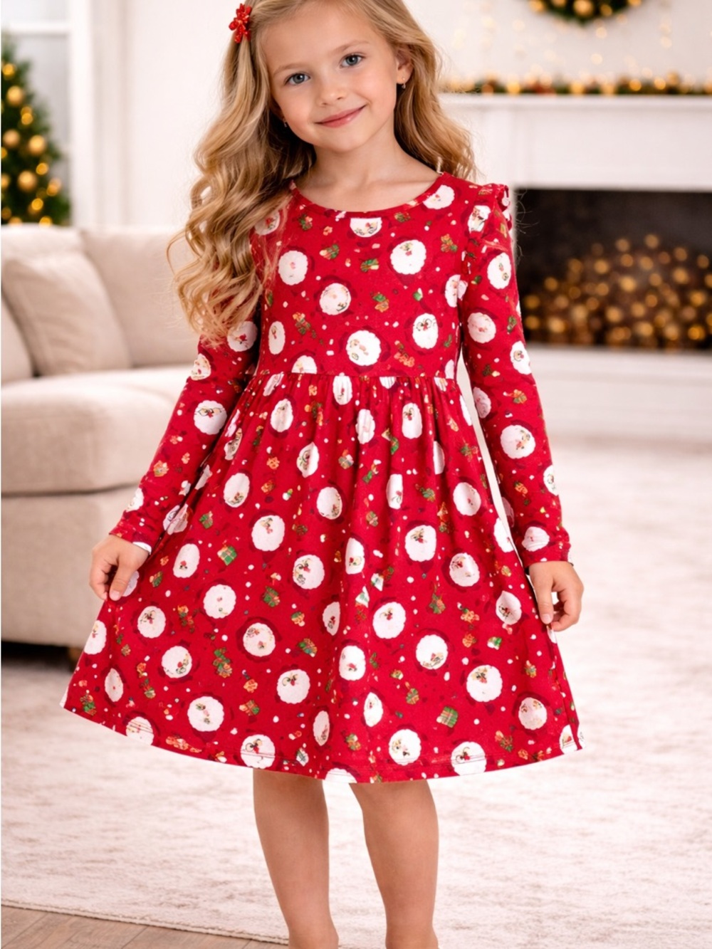Rare Editions • NWT Girls' Red Santa Print Long-Sleeve Holiday Dress Christmas